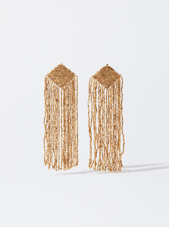 Golden Earrings With Beads, Golden, hi-res