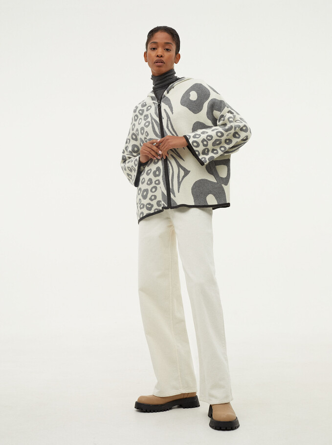 Hooded Knit Poncho With Print, Ecru, hi-res