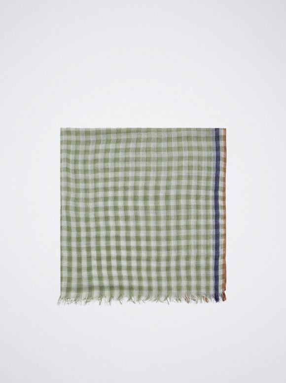 Gingham Scarf With Wool, Green, hi-res