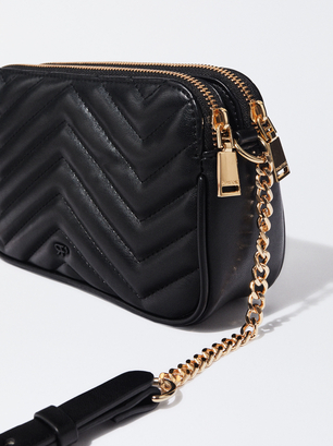 Quilted Crossbody Bag With Chain, Black, hi-res