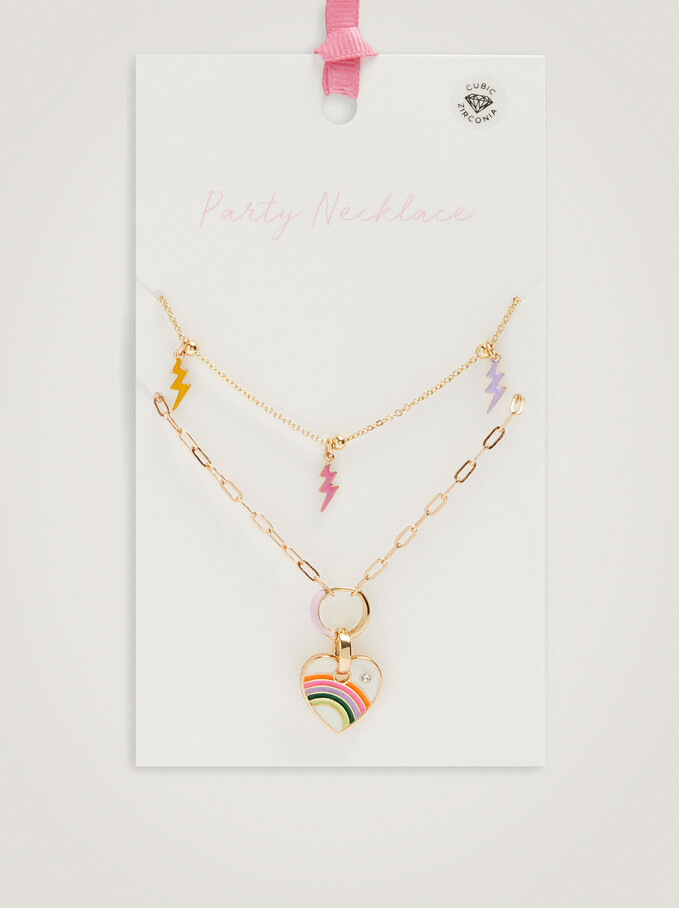 Set Of Contrast Necklaces With Charms And Zirconia, Multicolor, hi-res