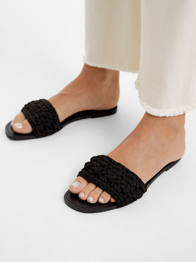 Crochet Flat Sandals, Black, hi-res