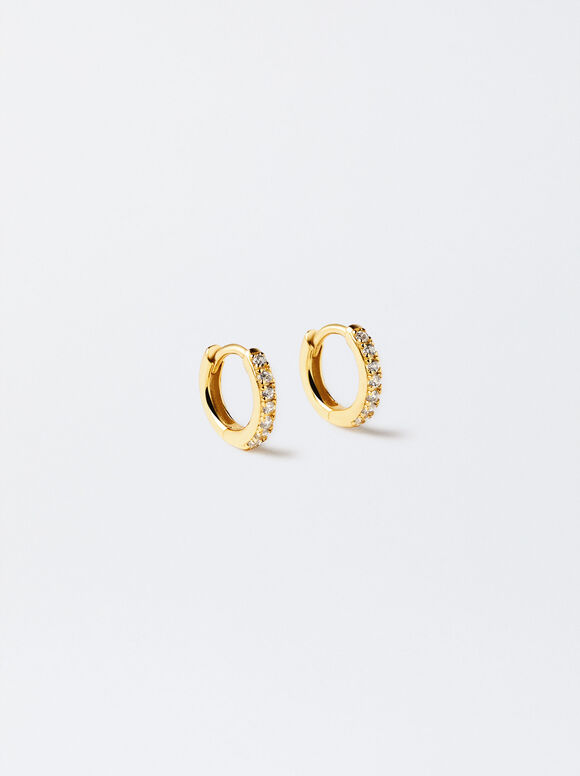 929 Silver Personalised Hoop Earrings With Zirconias, Golden, hi-res