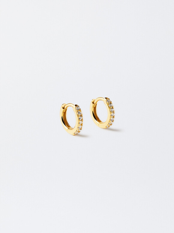 929 Silver Personalised Hoop Earrings With Zirconias, Golden, hi-res