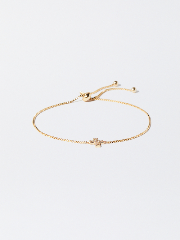 Gold-Toned Bracelet With Cubic Zirconia And Cross, Golden, hi-res