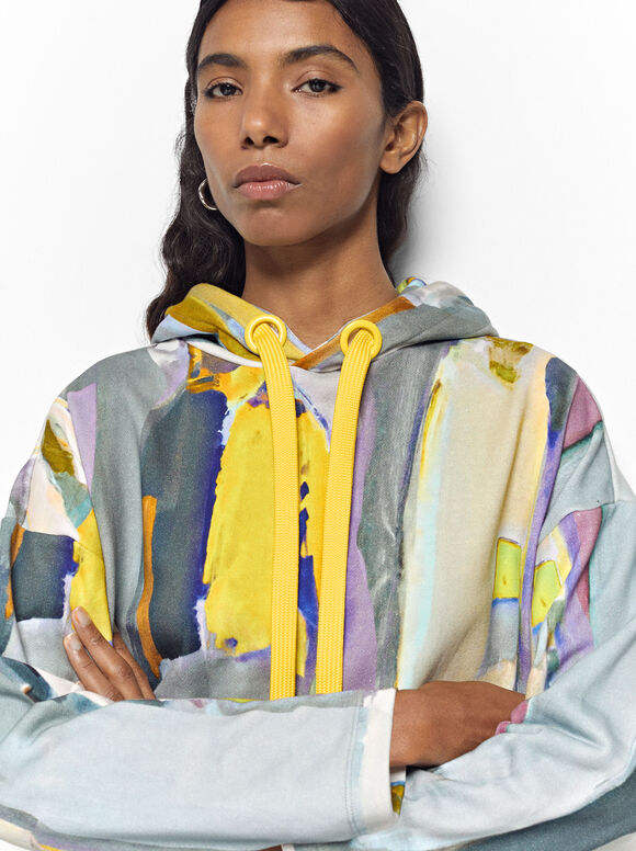 Online Exclusive - Printed Sweater With Hood, Multicolor, hi-res