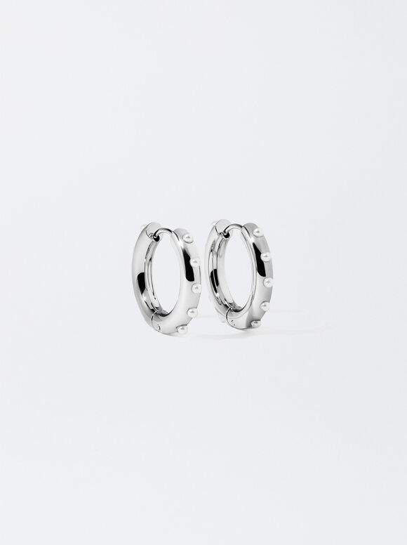 Stainless Steel Hoops Earrings With Pearls, Silver, hi-res