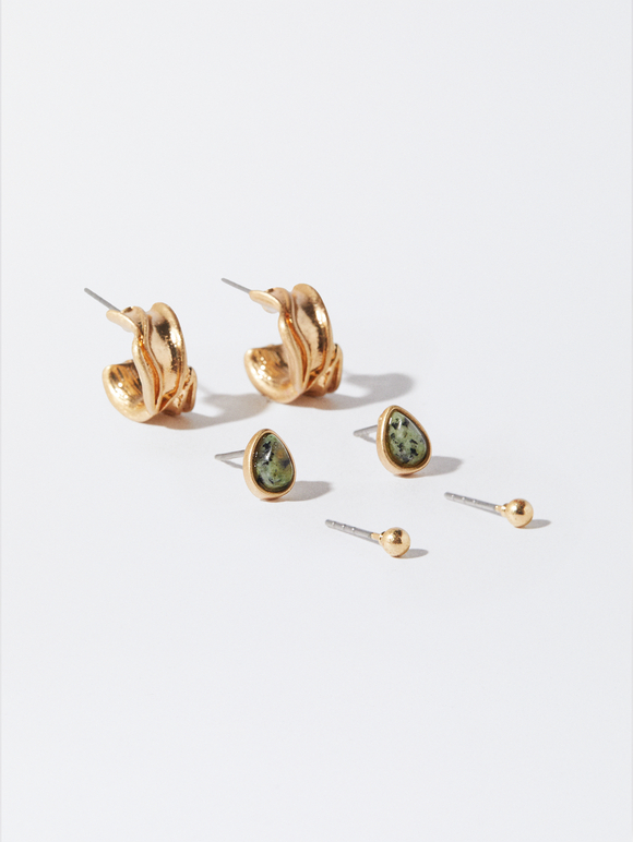 Golden Earrings Set, Green, hi-res