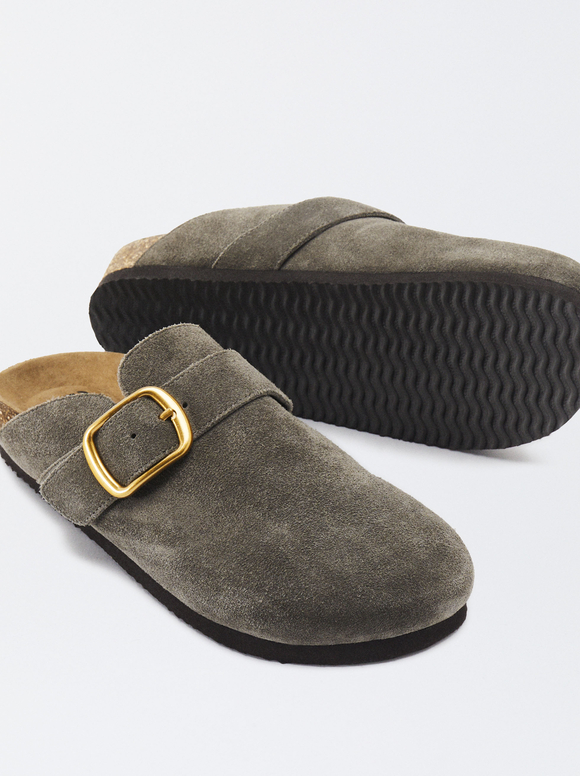 Leather Clogs With Buckles, Grey, hi-res