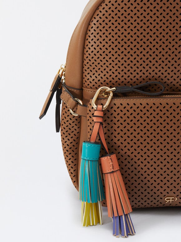 Perforated Backpack With Pendant, Camel, hi-res