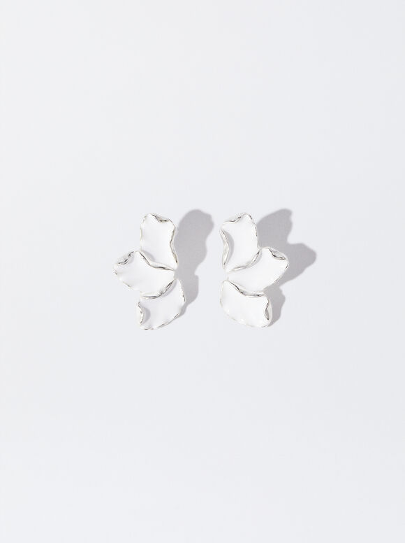Enamel Flower Earrings, White, hi-res