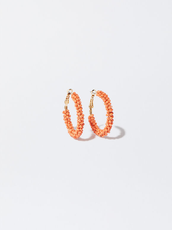 Beaded Hoop Earrings, Orange, hi-res