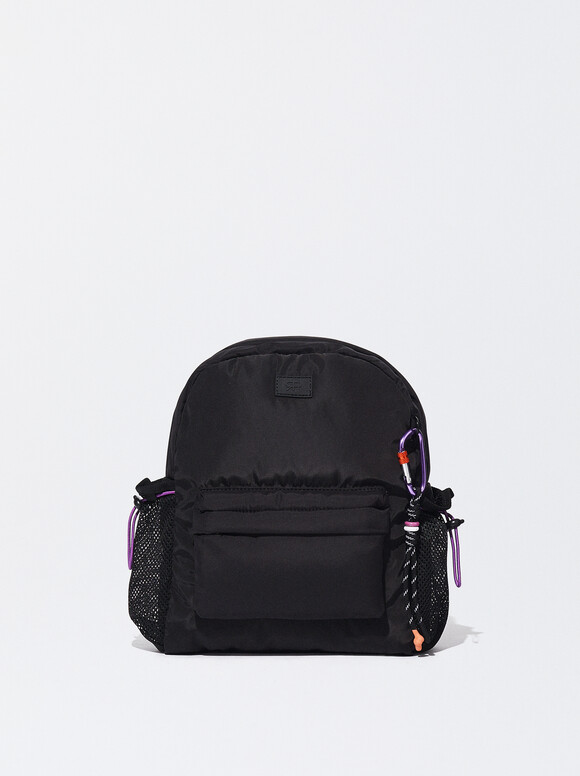 Zaino In Nylon Con Ciondolo Rimovibile, Nero, hi-res
