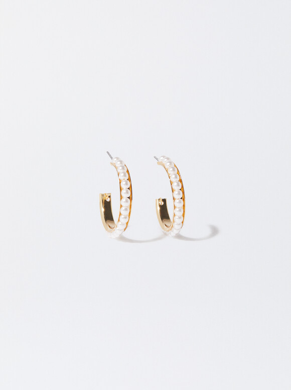 Golden Hoop Earrings With Pearls, Golden, hi-res