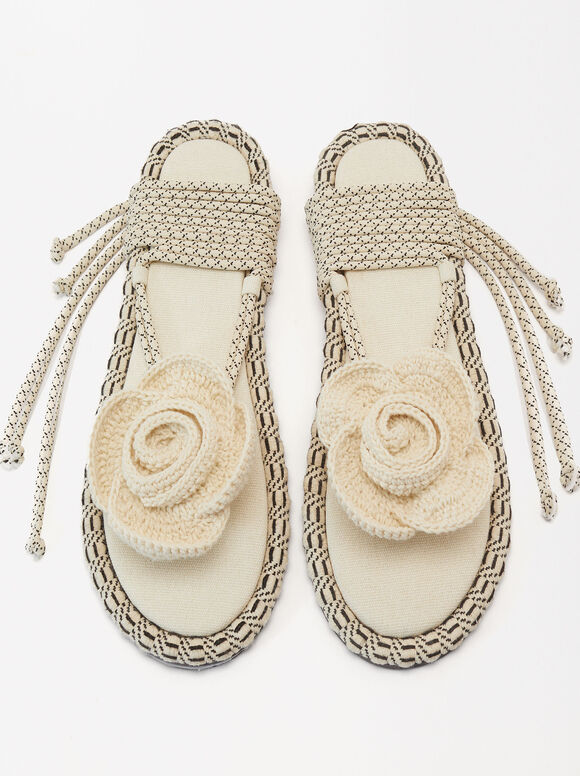 Crochet Strappy Sandals, Ecru, hi-res