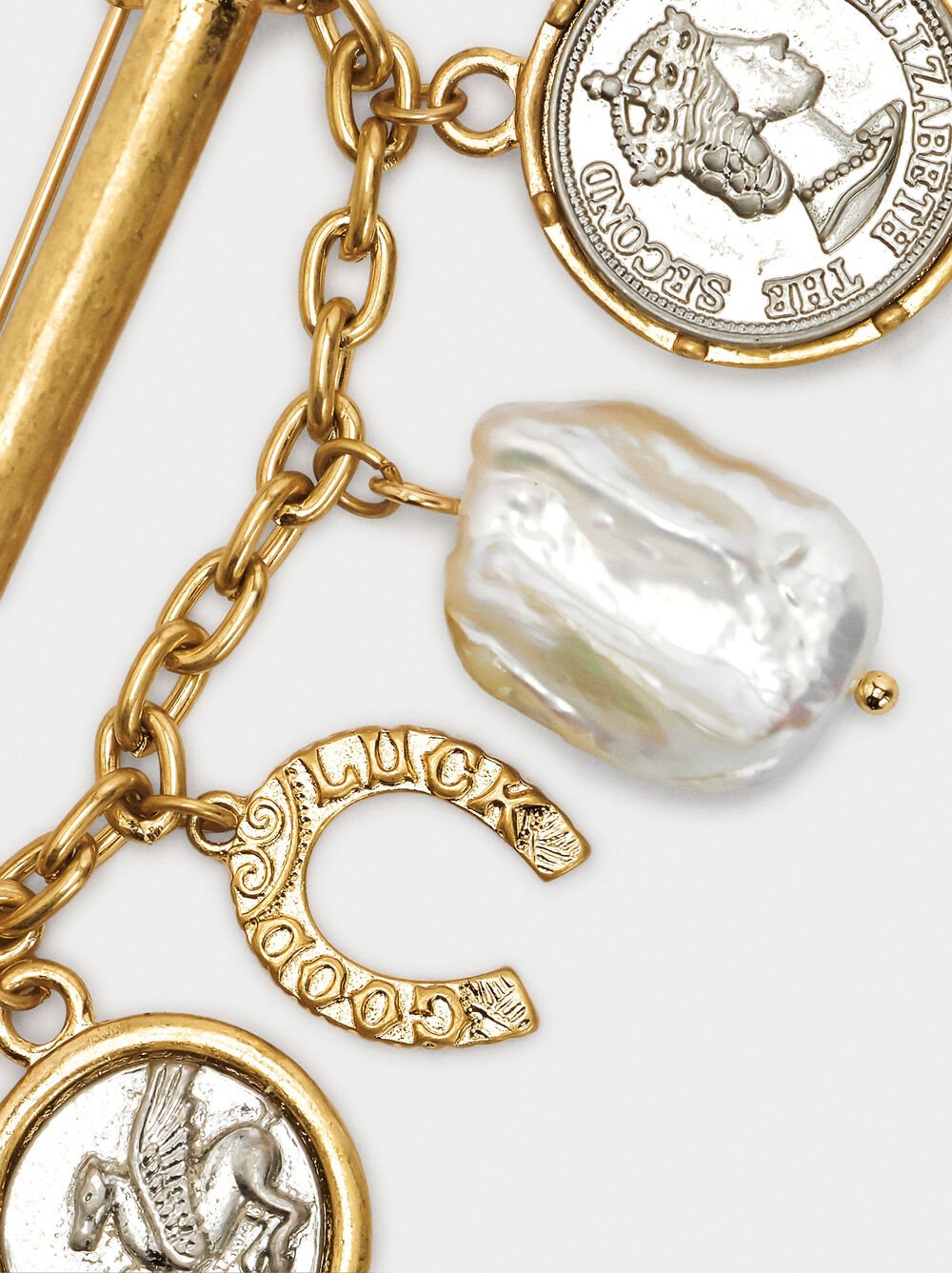 Pin with coins and freshwater pearl