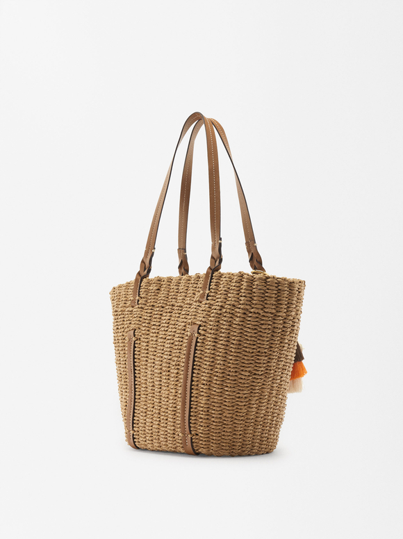 Straw Effect Shopper Bag With Pendant L, NC, hi-res