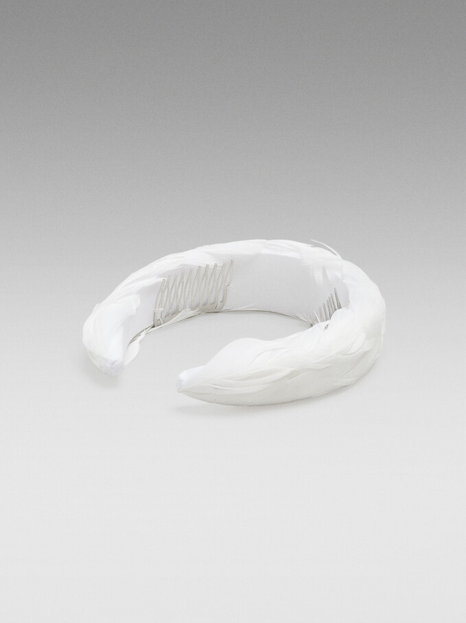 Wide Headband With Feathers, White, hi-res