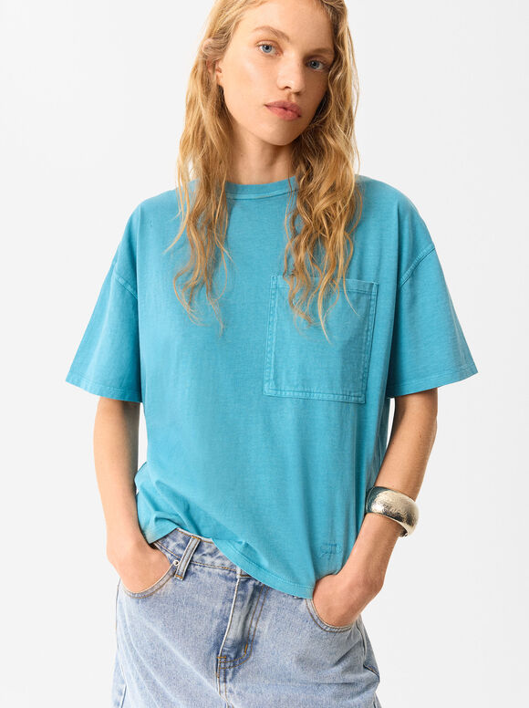 Cotton T-Shirt With Pocket, Blue, hi-res