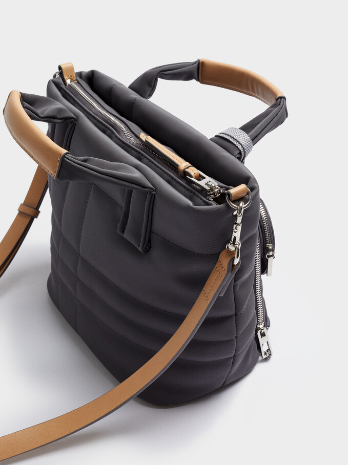 Suede Textured Shopper Bag With Pendant, Grey, hi-res