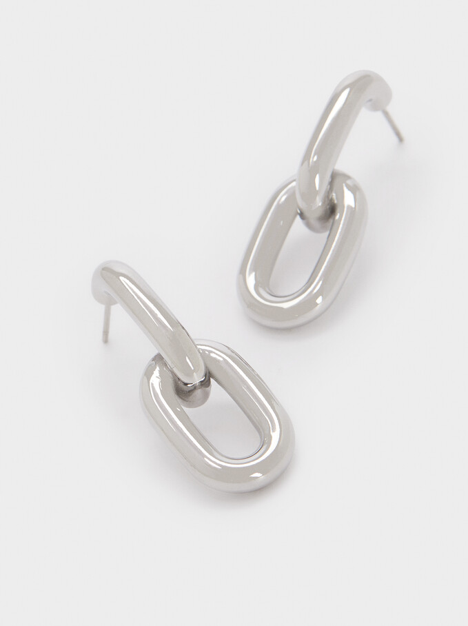 Stainless Steel Links Hoop Earrings, Silver, hi-res