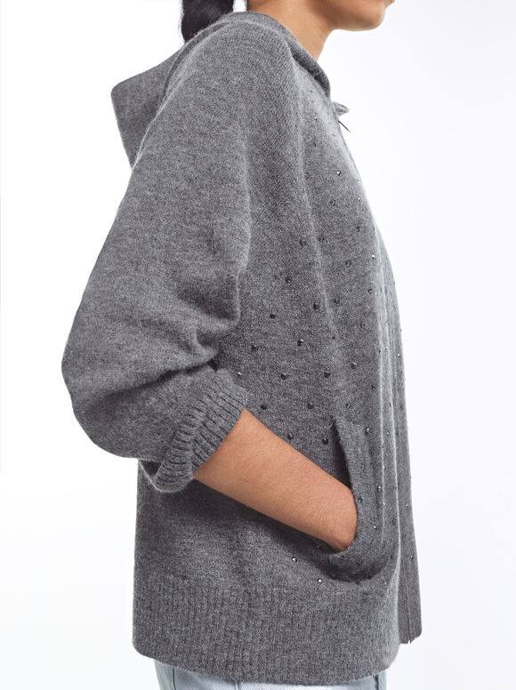 Knit Cardigan With Rhinestones, Grey, hi-res