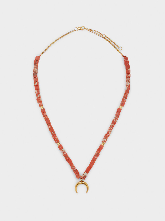 Short Steel Necklace With Stone And Horn, Coral, hi-res