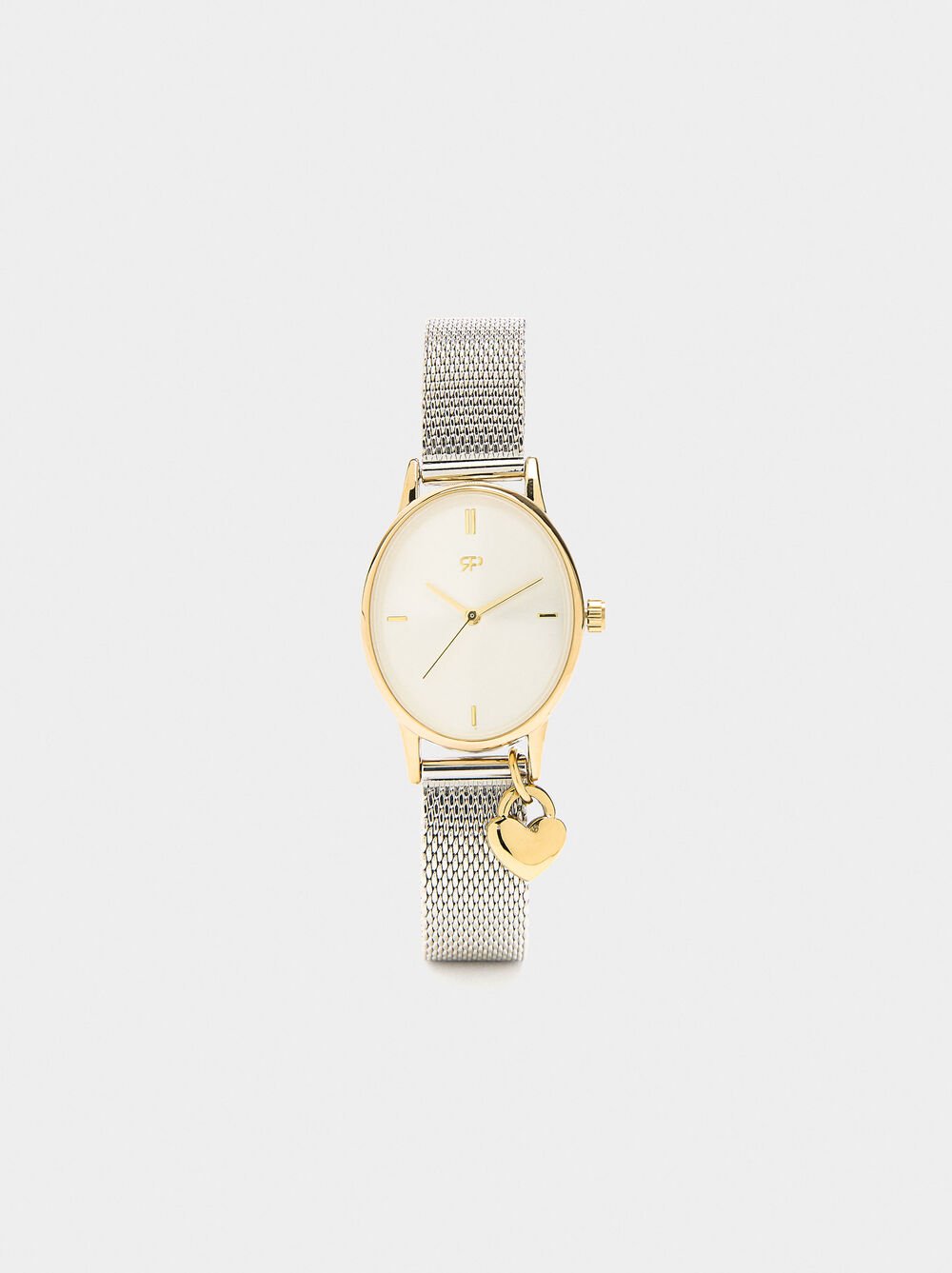 Watch with metal mesh bracelet with charm