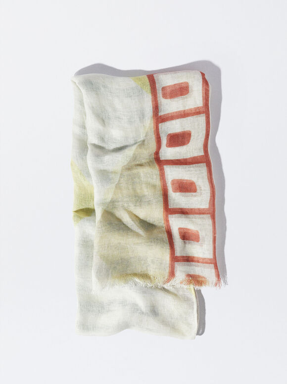 100% Linen Printed Scarf, Yellow, hi-res