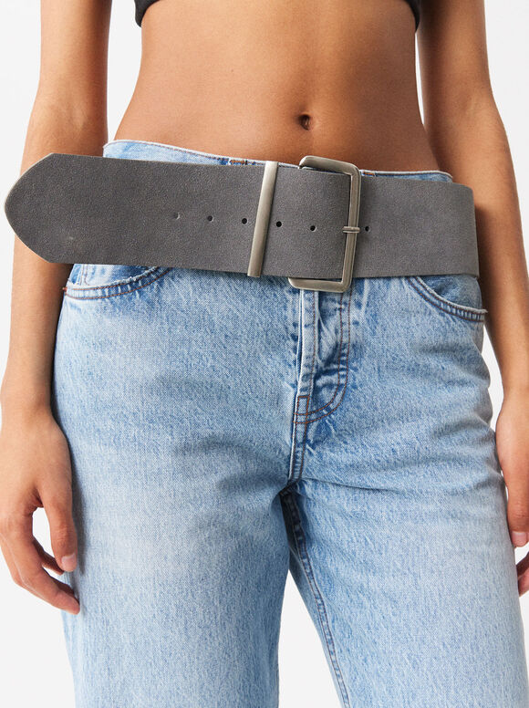 Online Exclusive - Leather Band Belt, Grey, hi-res