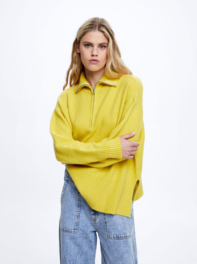 High-Neck Knit Sweater, Yellow, hi-res