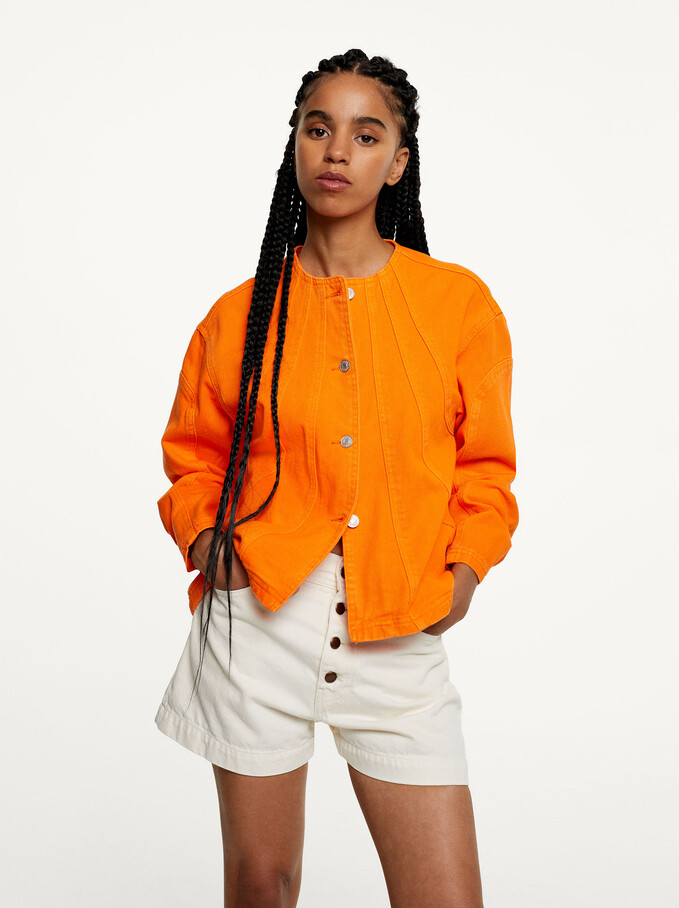Twill Jacket With Metal Buttons, Orange, hi-res