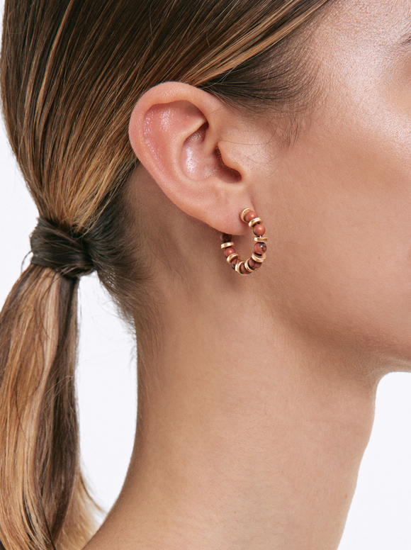 Golden Hoop Earrings With Stones, Pink, hi-res