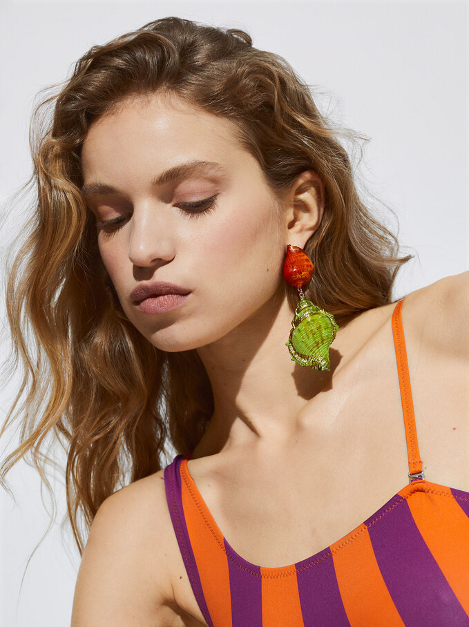 Enamel Shell Earrings, Multicolor, hi-res