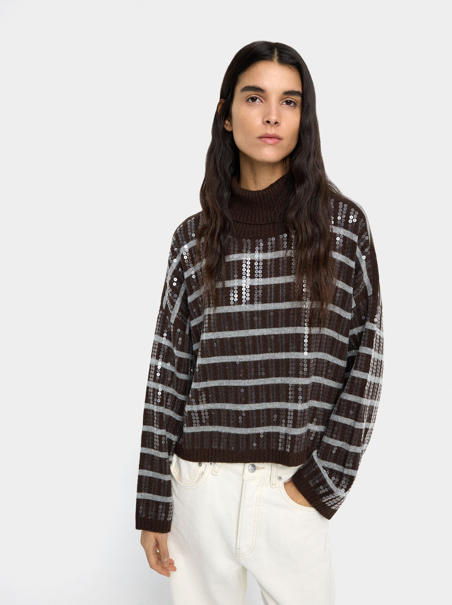 Knit sweater with stripes and sequins image number 2.0
