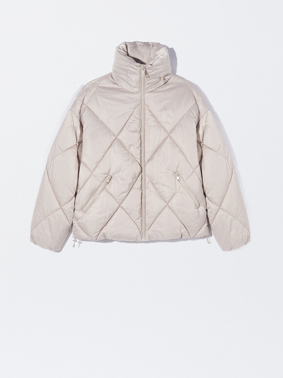 Padded Jacket With High Neck, Silver, hi-res