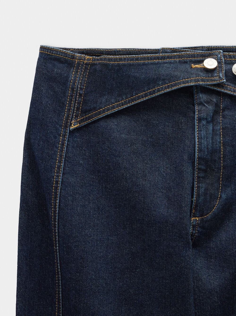 Denim trousers with overlap closure