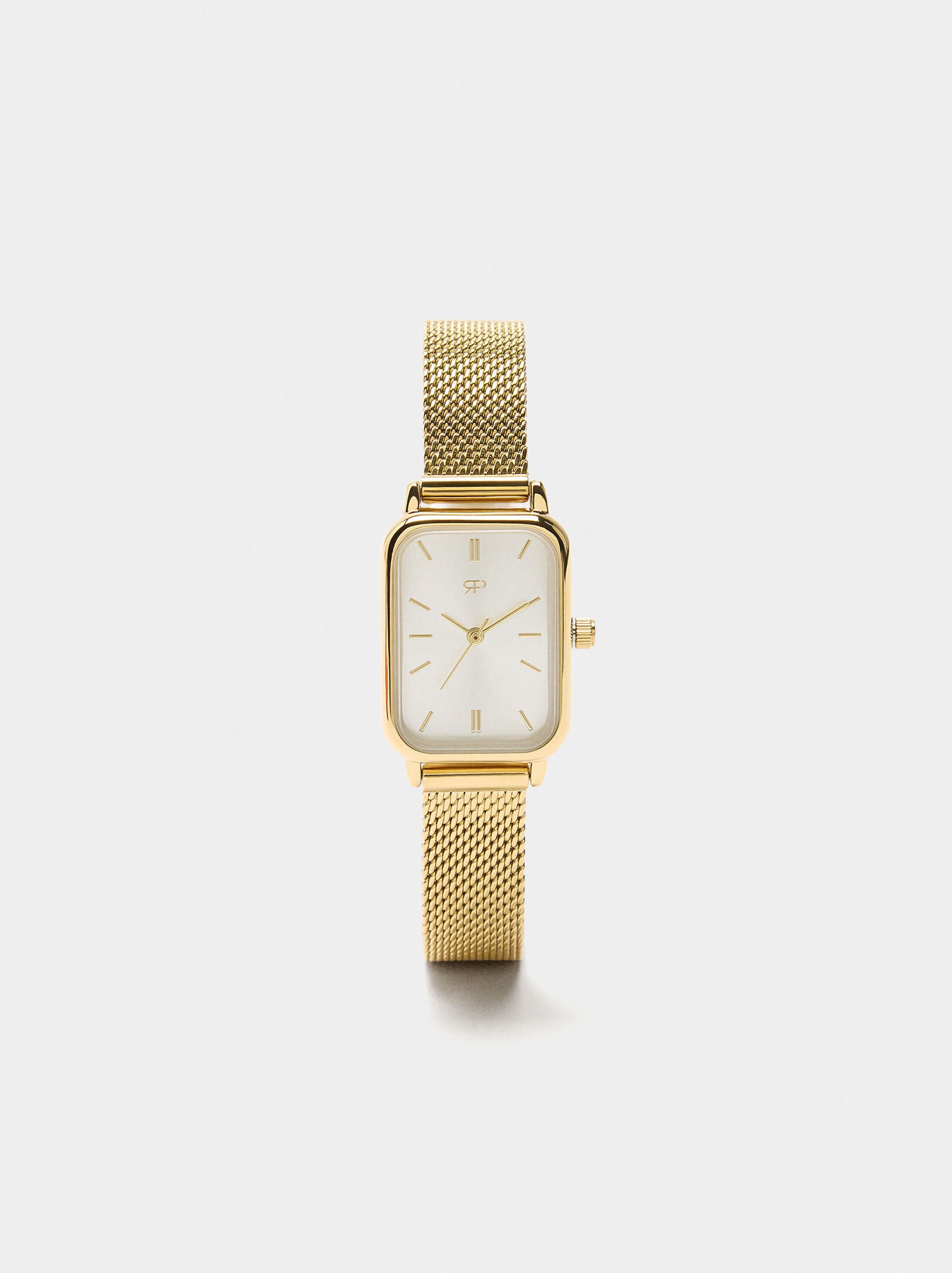 Rectangular watch with stainless steel mesh bracelet image number 0.0