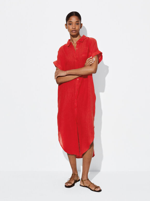 Linen Shirt Dress, Red, hi-res