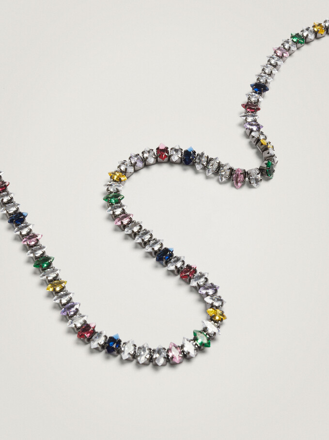 Short Chain Necklace With Zirconia, Multicolor, hi-res
