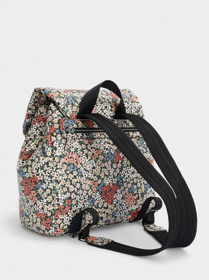 Floral Print Backpack, Black, hi-res