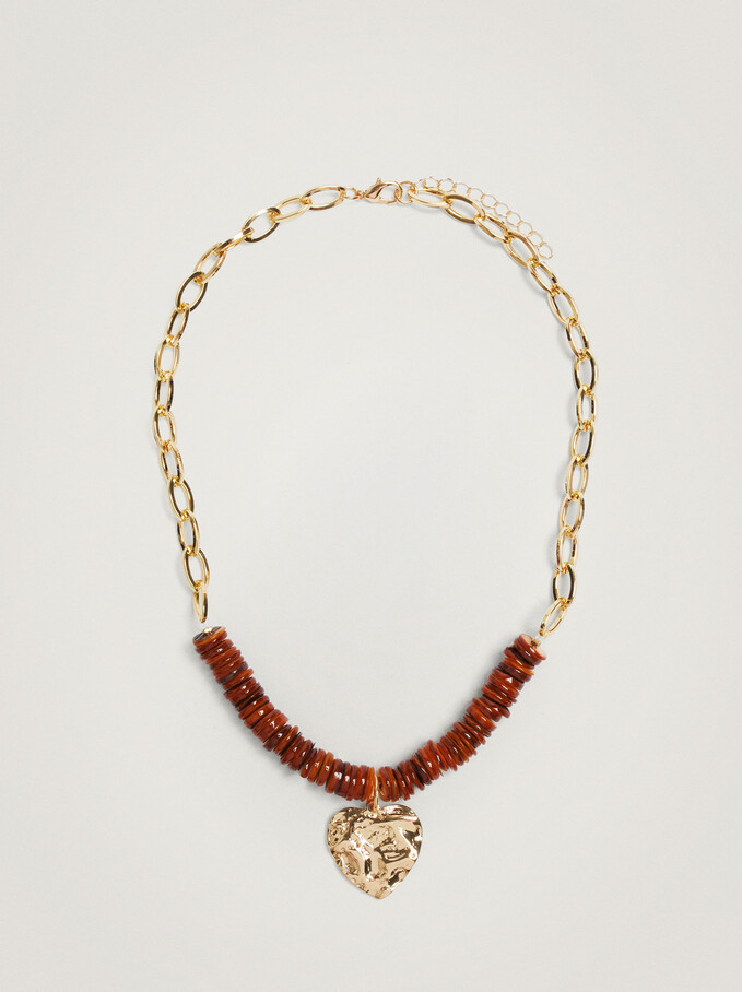 Short Necklace With Shell And Heart, Brown, hi-res