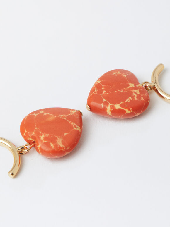 Golden Hoop Earrings With Stones, Orange, hi-res