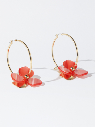Hoop Earrings With Flower, Orange, hi-res