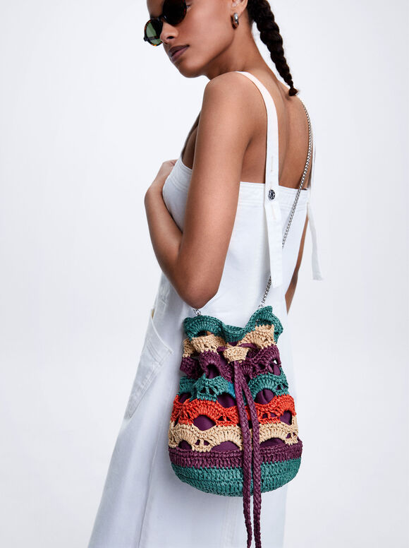 Handmade Straw-Effect Bucket Bag, Multicolor, hi-res