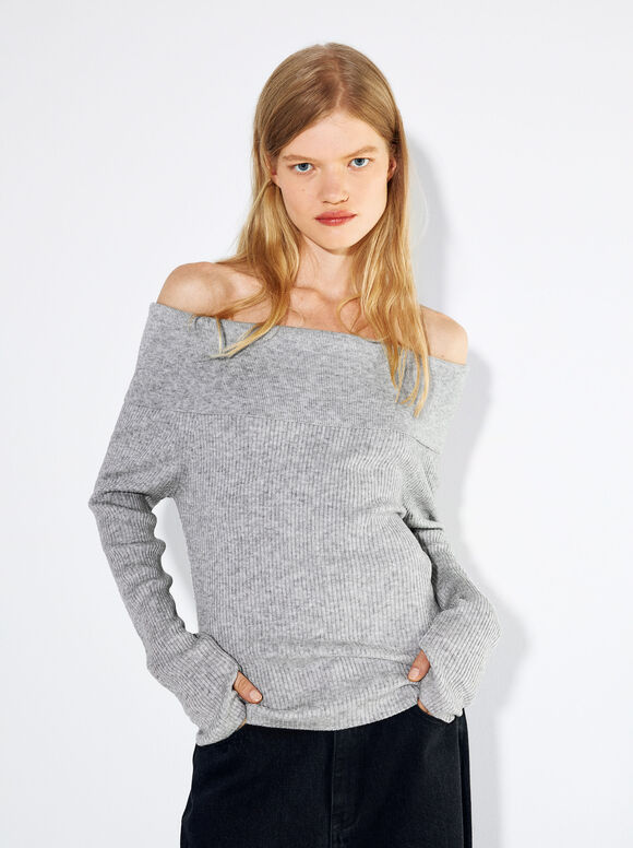 Jersey Con Hombros Descubiertos, Gris, hi-res