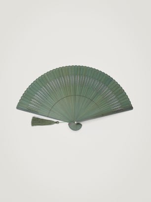 Perforated Fan With Tassel, Khaki, hi-res