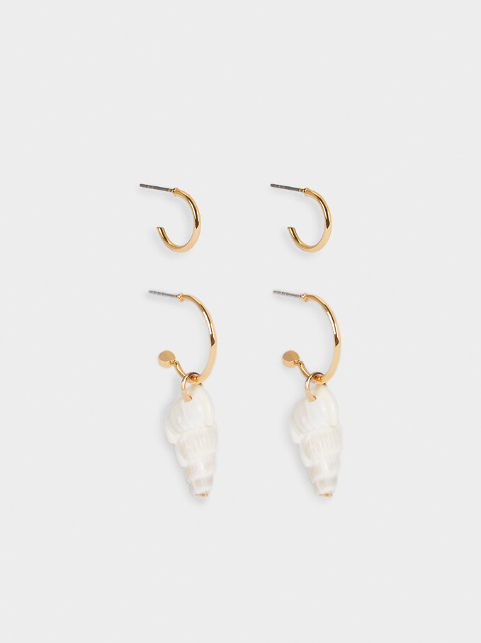 Set Of Hoop Earrings With Shell, Beige, hi-res