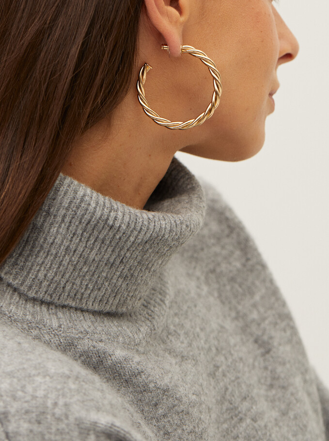 Large Woven Detail Hoop Earrings, Golden, hi-res