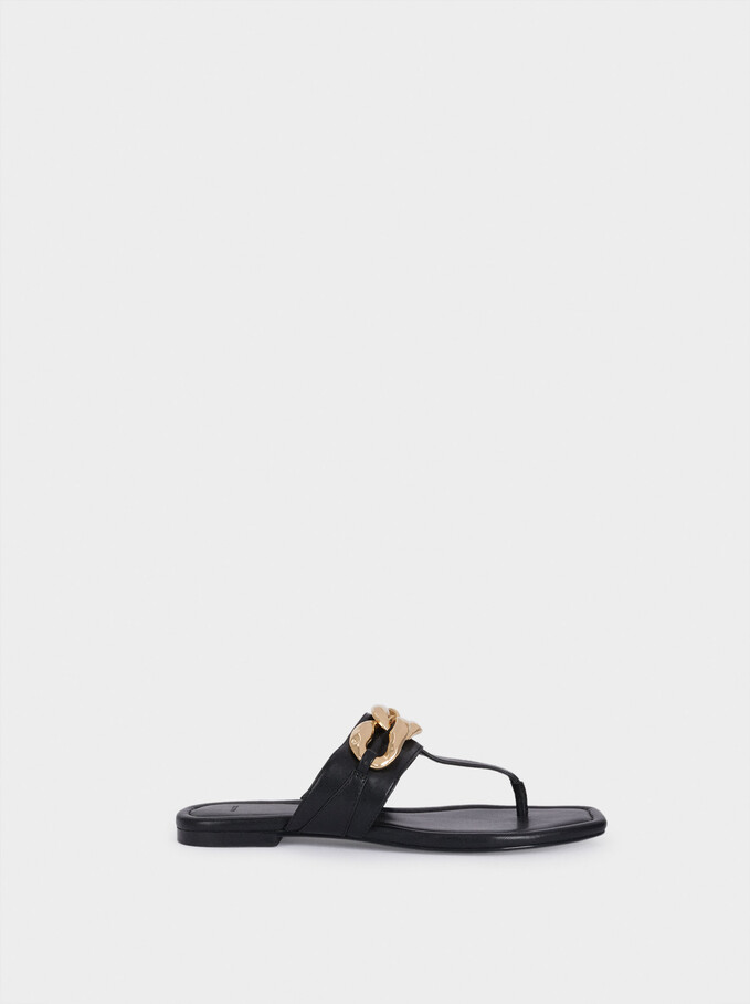 Flat Sandals With Chain, Black, hi-res